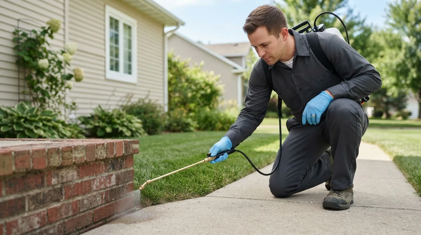 Pest control technician treating a home near Brinkhaven, OH