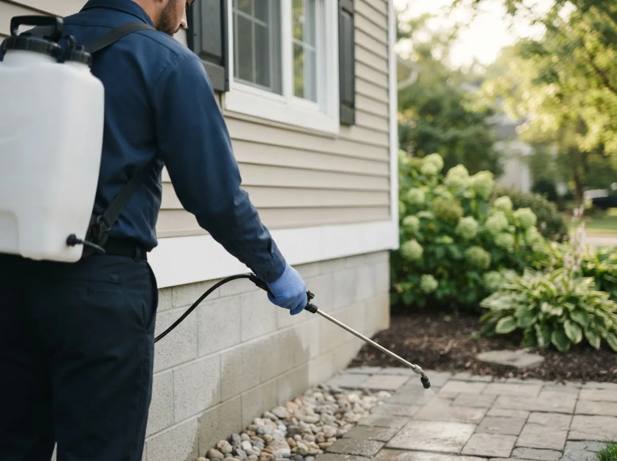 Pest control technician inspecting a home in Brinkhaven, OH